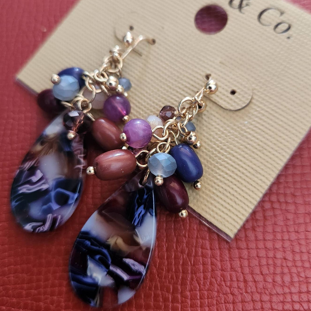 Boutique Dangle Earrings Gold Tone with Purples Multiple Shapes & Sized Beads